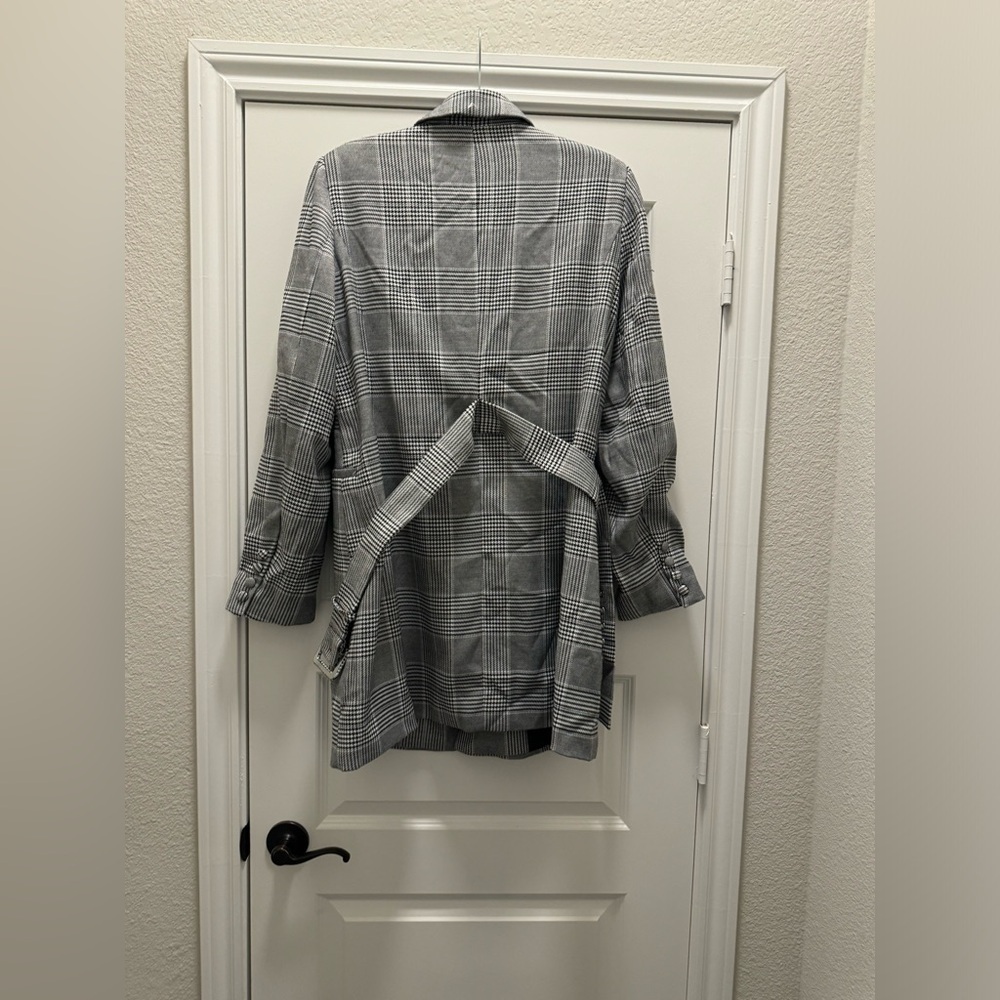Bardot Gray Glenchek Monochrome Belted Double Breasted Trench Coat - Picture 3 of 6